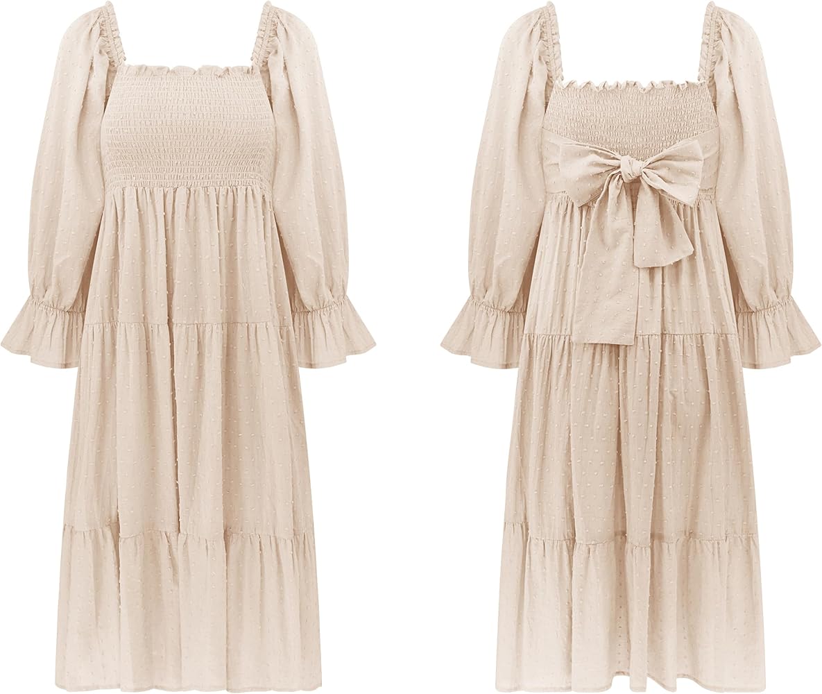 R.Vivimos Women's Summer Cotton Polka Dots Puff Sleeves Bow Casual